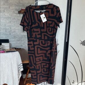 Elegant Black and Brown Patterned Midi Dress